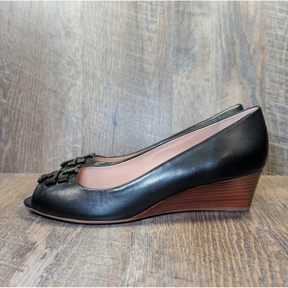 Tory Burch Lowell Peep-Toe Wedge Pumps Heels Black Leather Womens Size 9 M - Picture 5 of 12